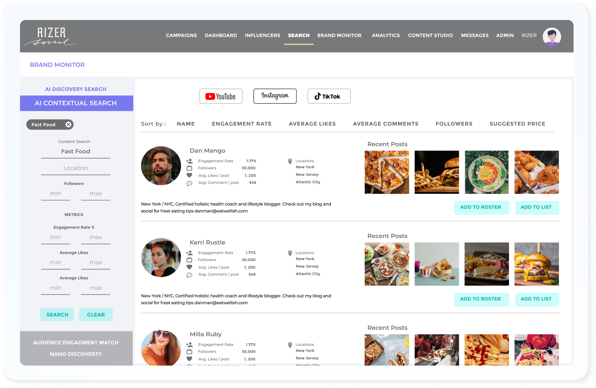 Brand campaign search results in Rizer Social